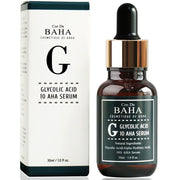 ProtoClinical k-beauty Cos De BAHA G Glycolic Acid 10% AHA Serum 30ml dark serum bottle with matching box side by side on a white background