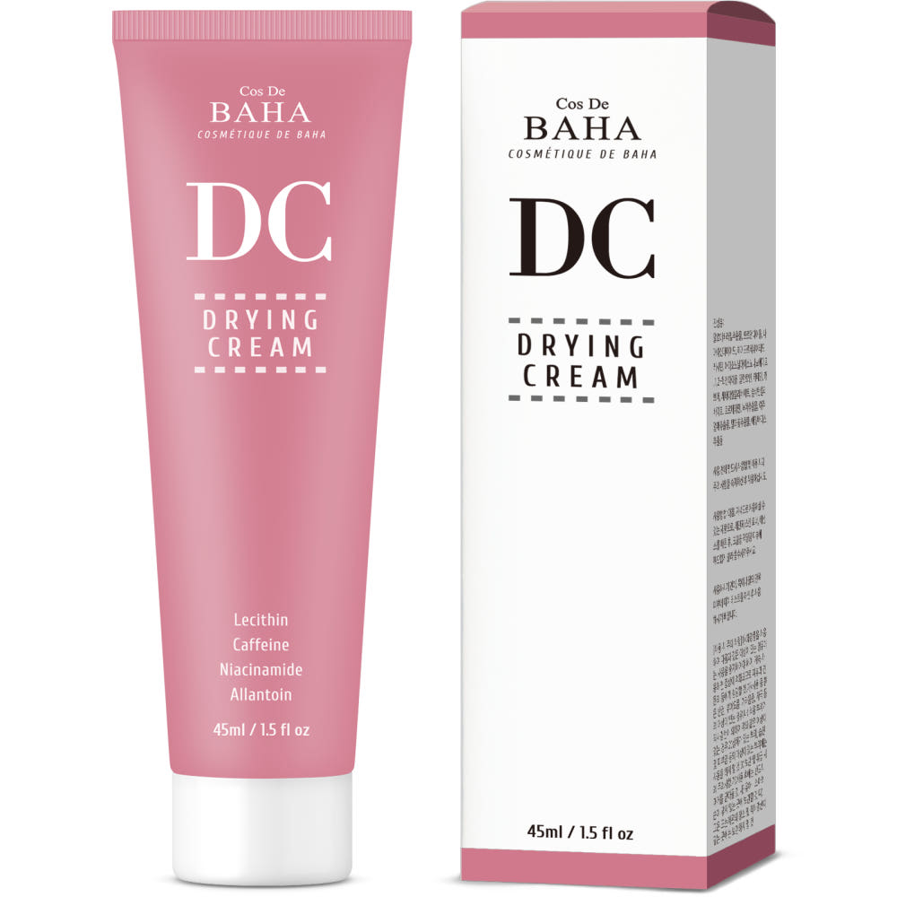 ProtoClinical k-beauty Cos De BAHA DC Drying Cream 45ml single upright mauve cream tube centered on a white background with pale blue side accents