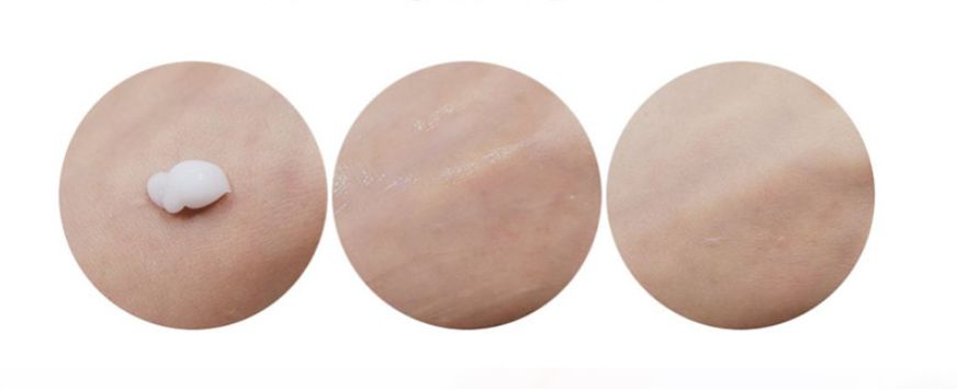 ProtoClinical k-beauty Cos De BAHA DC Drying Cream 45ml three brown cream swatches aligned horizontally on a white background with pale aqua accents