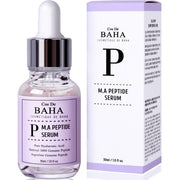 ProtoClinical k-beauty Cos De BAHA P M.A Peptide Serum 30ml dark serum bottle with matching box side by side on a white background