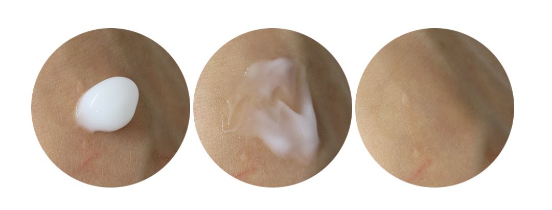 ProtoClinical k-beauty Cos De BAHA CG Centella Asiatica Soothing Calming Cream 120ml three brown cream swatches aligned horizontally on a white background