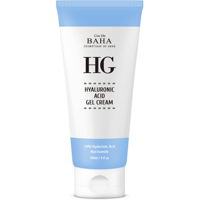ProtoClinical k-beauty Cos De BAHA HG Hyaluronic Acid Gel Cream 120ml single upright gel cream tube centered on a white background with pale blue accents