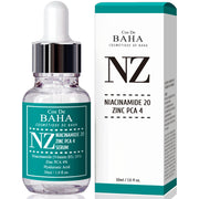 ProtoClinical k-beauty Cos De BAHA NZ Niacinamide 20% + Zinc 4% Serum 30ml dark green serum bottle with matching box side by side on a white background