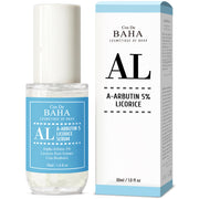 ProtoClinical k-beauty Cos De BAHA AL Alpha Arbutin 5% Licorice Serum 30ml blue-green serum bottle with matching box side by side on a white background