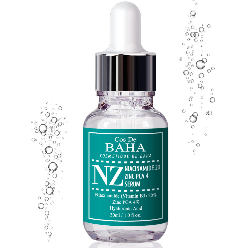ProtoClinical k-beauty Cos De BAHA NZ Niacinamide 20% + Zinc 4% Serum 30ml single upright dark green serum bottle centered on a clean white background