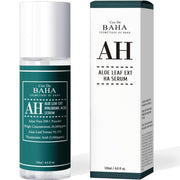 ProtoClinical k-beauty Cos De BAHA AH Aloe Leaf Ext Hyaluronic Acid Serum 120ml dark teal serum bottle beside a pale product box on a light aqua and peach background