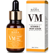 ProtoClinical k-beauty Cos De BAHA VM Vitamin C Facial Serum with MSM 30ml amber serum bottle beside a pale product box on a white background with soft blue and yellow accents