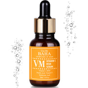 ProtoClinical k-beauty Cos De BAHA VM Vitamin C Facial Serum with MSM 30ml single upright amber serum bottle centered on a white background with soft blue accents