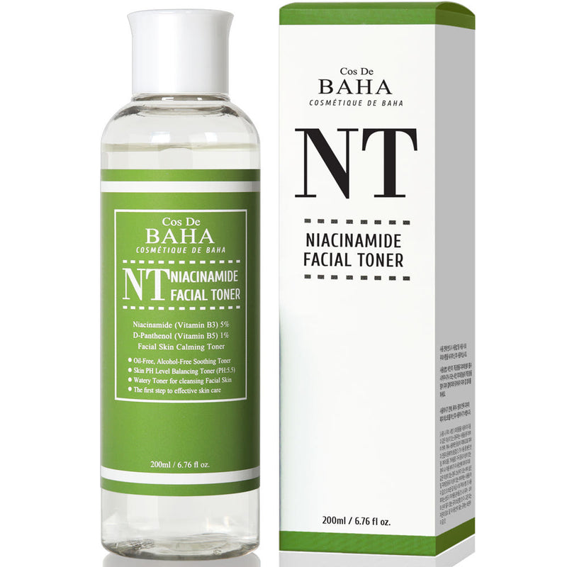 ProtoClinical k-beauty Cos De BAHA NT Niacinamide 5% Facial Toner 200ml tall green bottle centered upright on a white background