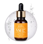 ProtoClinical k-beauty Cos De BAHA VM Vitamin C Facial Serum with MSM 30ml single upright amber serum bottle centered on a white background with pale blue side accents