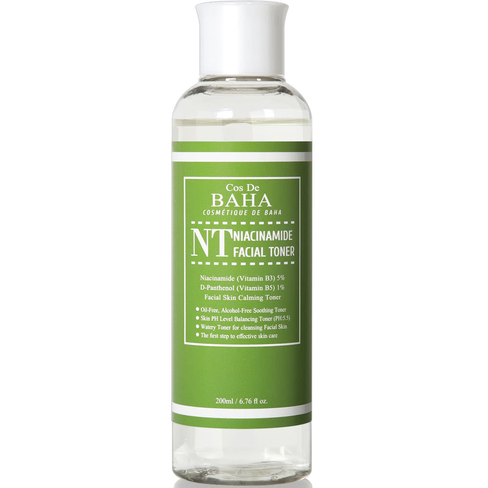 ProtoClinical k-beauty Cos De BAHA NT Niacinamide 5% Facial Toner 200ml tall green bottle shown upright on a white background