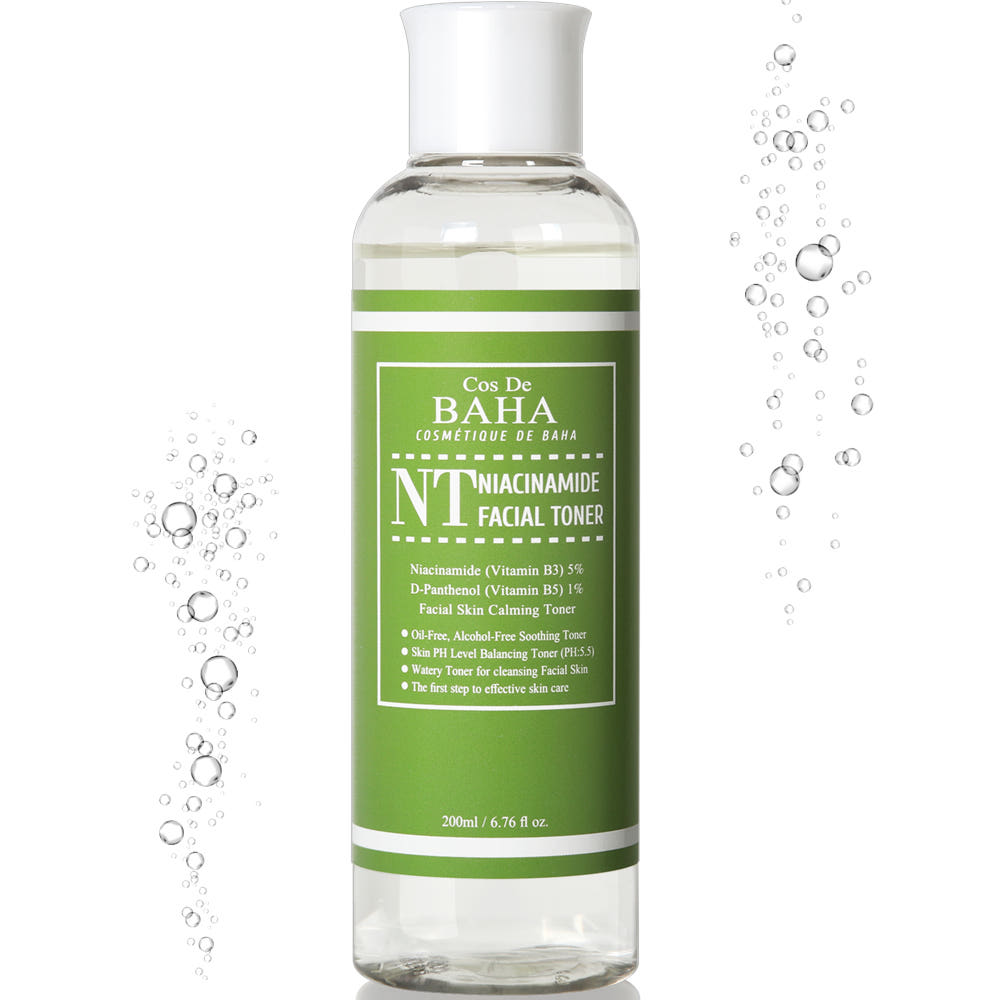 ProtoClinical k-beauty Cos De BAHA NT Niacinamide 5% Facial Toner 200ml tall green bottle shown upright on a white background