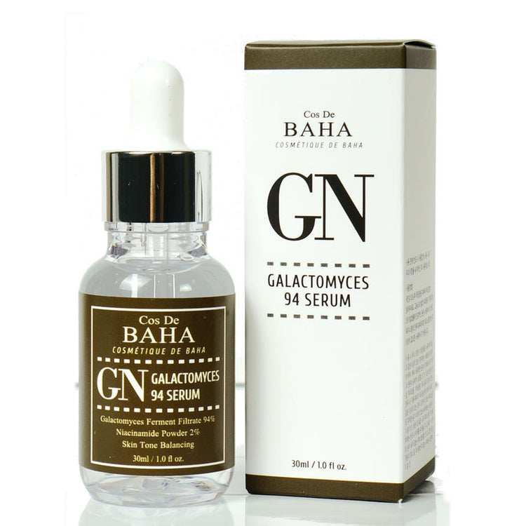 ProtoClinical k-beauty Cos De BAHA GN Galactomyces 94% Skin Repair Serum with Niacinamide 2% 30ml single upright dark serum bottle centered on a pale gray background with cream side shading.