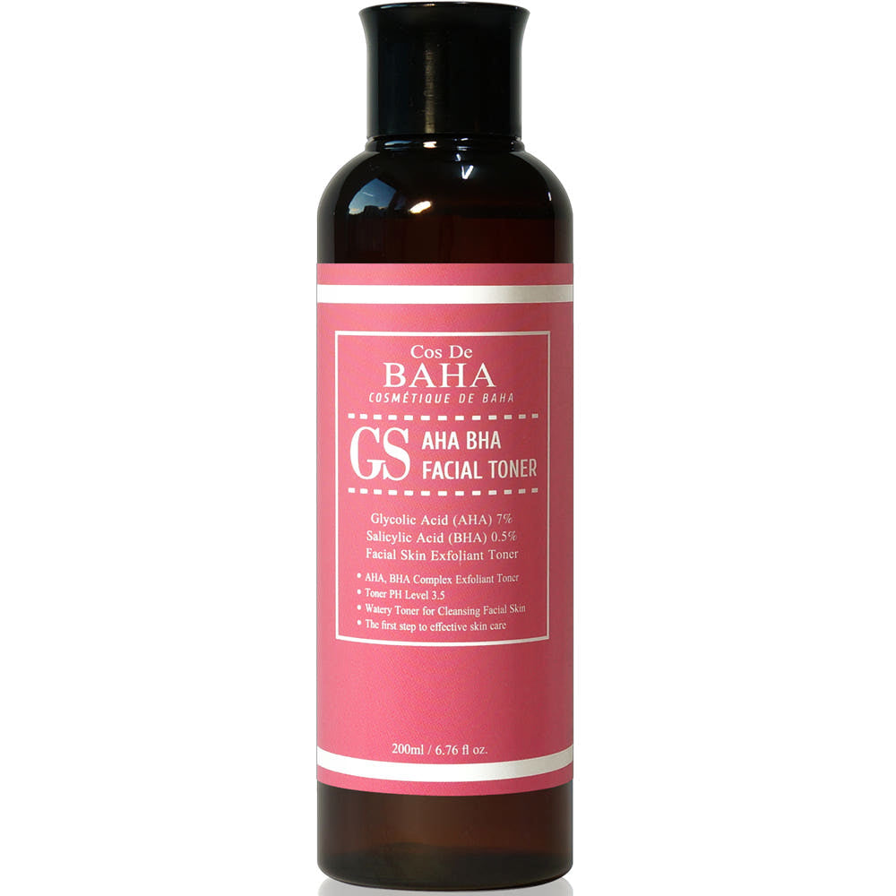 ProtoClinical k-beauty Cos De BAHA GS Clarifying Facial Toner with Glycolic Acid 7% AHA + Salicylic Acid 0.5% BHA 200ml single upright toner bottle centered on a soft pink-beige background