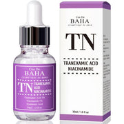 ProtoClinical k-beauty Cos De BAHA TN Tranexamic Acid 5% Serum with Niacinamide 5% 30ml purple serum bottle with matching box side by side on a white background