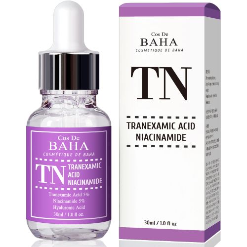 ProtoClinical k-beauty Cos De BAHA TN Tranexamic Acid 5% Serum with Niacinamide 5% 30ml purple serum bottle with matching box side by side on a white background