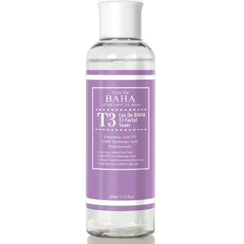 ProtoClinical k-beauty Cos De BAHA T3 Advanced 3% Tranexamic Acid Facial Toner 200ml single upright lavender bottle centered on a white background with soft pastel corner accents