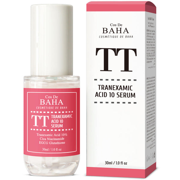 ProtoClinical k-beauty Cos De BAHA TT Tranexamic Acid 10% Serum 30ml warm brown serum bottle beside a pale product box on a white background
