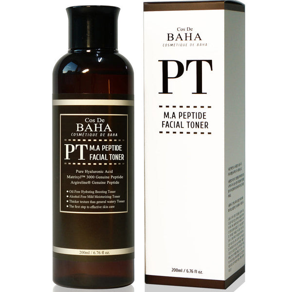 ProtoClinical k-beauty Cos De BAHA PT M.A Peptide Facial Toner (Peptide Complex Facial Toner with Matrixyl 3000 & Argireline) 200ml single facial toner bottle on a clean white background
