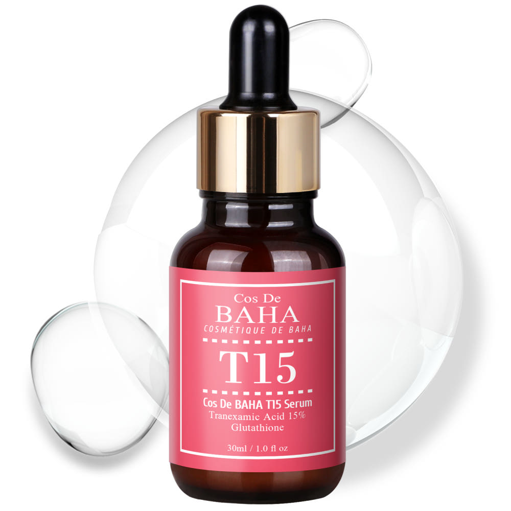 ProtoClinical k-beauty Cos De BAHA T15 Tranexamic Acid 15% Serum 30ml single upright deep rose bottle centered on a white background with soft blue and blush corner accents