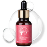 ProtoClinical k-beauty Cos De BAHA T15 Tranexamic Acid 15% Serum 30ml single upright deep rose bottle centered on a white background with soft blue and blush corner accents