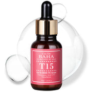 ProtoClinical k-beauty Cos De BAHA T15 Tranexamic Acid 15% Serum 30ml single upright deep rose bottle centered on a white background with soft blue and blush corner accents
