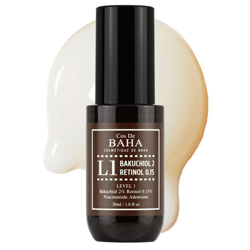 ProtoClinical k-beauty Cos De BAHA L1 Bakuchiol 2% + Retinol 0.15% Serum 30ml single dark serum bottle with black cap and pale beige side accents on a white background