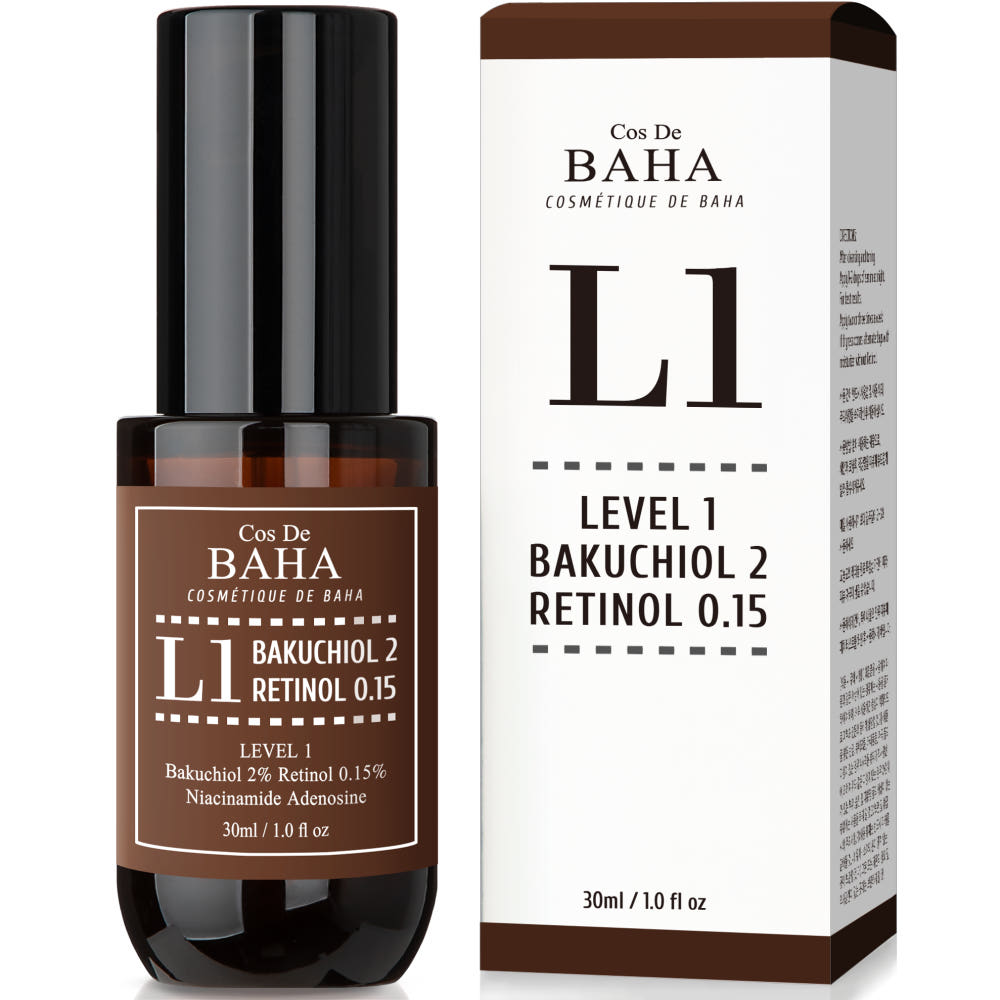 ProtoClinical k-beauty Cos De BAHA L1 Bakuchiol 2% + Retinol 0.15% Serum 30ml single serum bottle centered upright on a plain white background