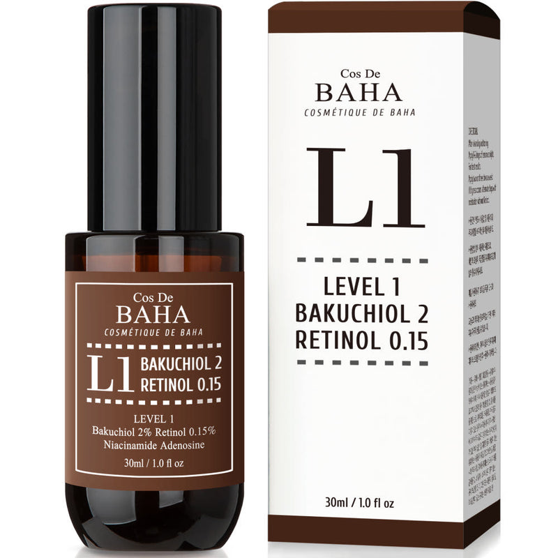 ProtoClinical k-beauty Cos De BAHA L1 Bakuchiol 2% + Retinol 0.15% Serum 30ml single serum bottle centered upright on a plain white background