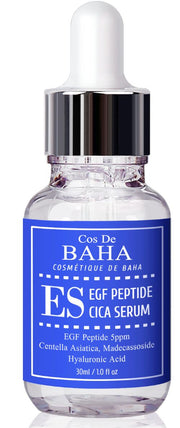 ProtoClinical k-beauty Cos De BAHA EGF Peptide 5ppm Cica Serum 30ml blue dropper bottle beside a white serum box on a clean white background