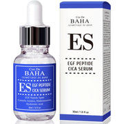 ProtoClinical k-beauty Cos De BAHA EGF Peptide 5ppm Cica Serum 30ml blue dropper bottle beside a white serum box on a clean white background