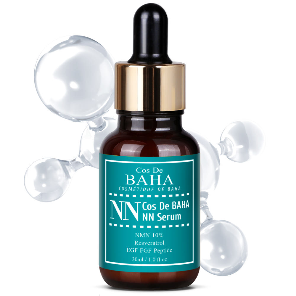 ProtoClinical k-beauty Cos De BAHA Nicotinamide Mononucleotide NMN 10% NN Serum 30ml brown dropper serum bottle with a teal label in front of clear spheres on a white background