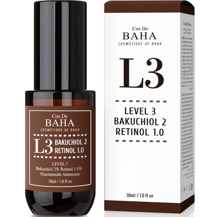 ProtoClinical k-beauty Cos De BAHA L3 Bakuchiol 2% + Retinol 1% Serum 30ml single serum bottle centered upright on a plain white background