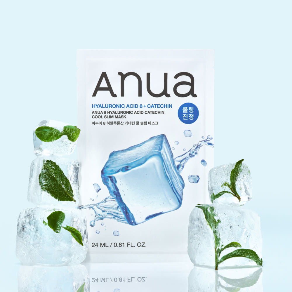 Anua 8 Hyaluronic Acid Catechin Cool Slim Mask 24ml X 10ea by ProtoClinical shown in a detailed sheet mask product image on a clean background, highlighting the cooling mask packaging for a k-beauty skincare routine.