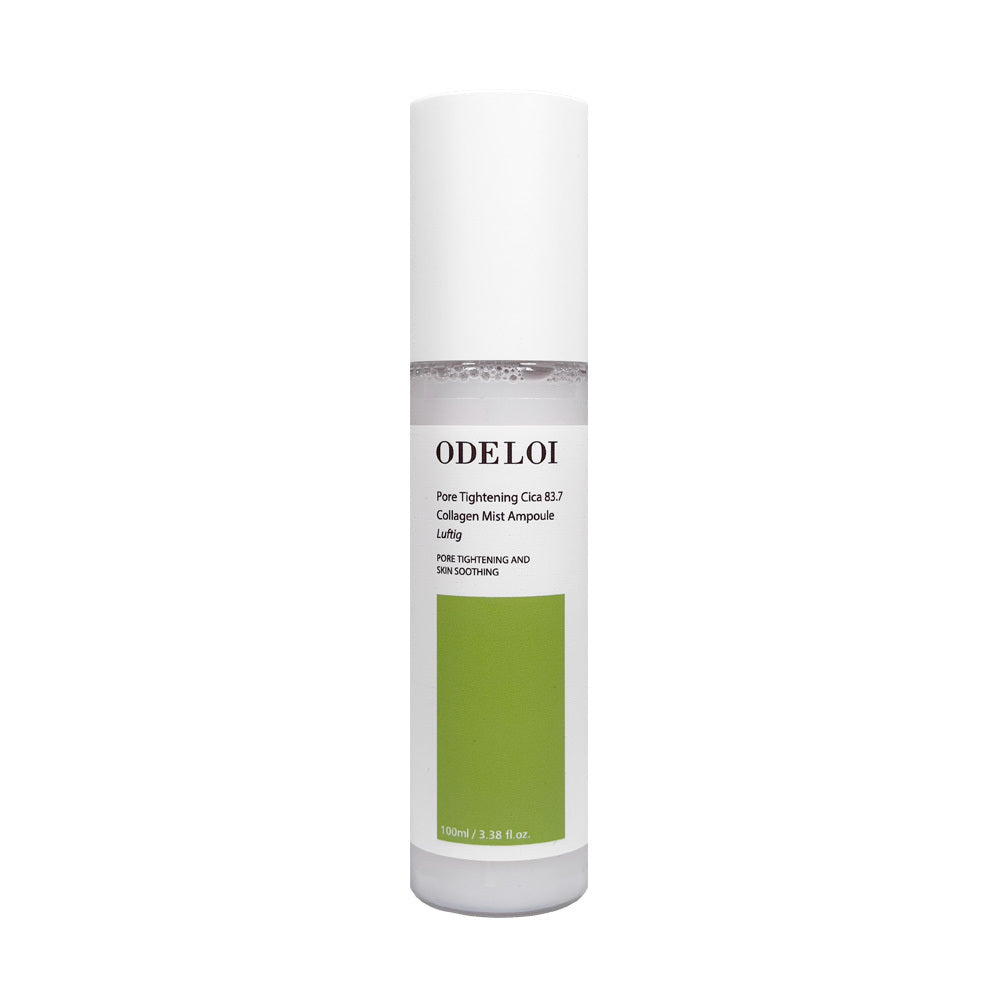 ProtoClinical k-beauty ODELOI Pore Tightening Cica 83.7 Collagen Mist Ampoule Luftig 100ml in a single pale green bottle centered upright on a white background with pale blue side accents