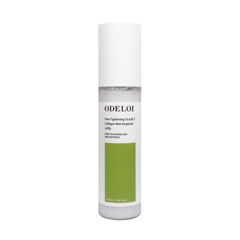 ProtoClinical k-beauty ODELOI Pore Tightening Cica 83.7 Collagen Mist Ampoule Luftig 100ml in a single pale green bottle centered upright on a white background with pale blue side accents