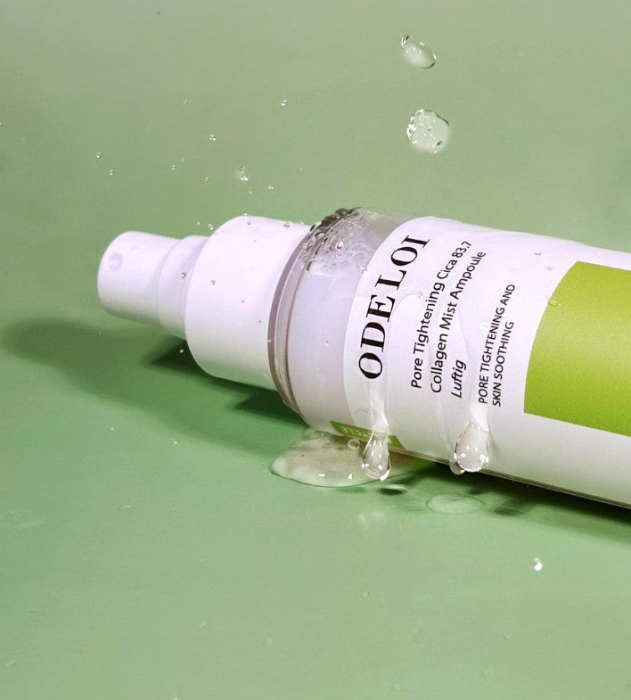 ProtoClinical k-beauty ODELOI Pore Tightening Cica 83.7 Collagen Mist Ampoule Luftig 100ml single pale green bottle with a white label centered on a soft green background