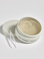 ProtoClinical k-beauty bewants Phyto Collagen Eye Serum Patch 80g/60ea open round patch jar with translucent crescent eye patches, matching lid, and white applicator tongs on a light background