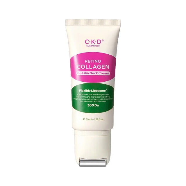 ProtoClinical k-beauty CKD Retino Collagen Small Molecule 300 Guasha Neck Cream 50ml single white cream tube with pink and green label standing upright on a clean white background
