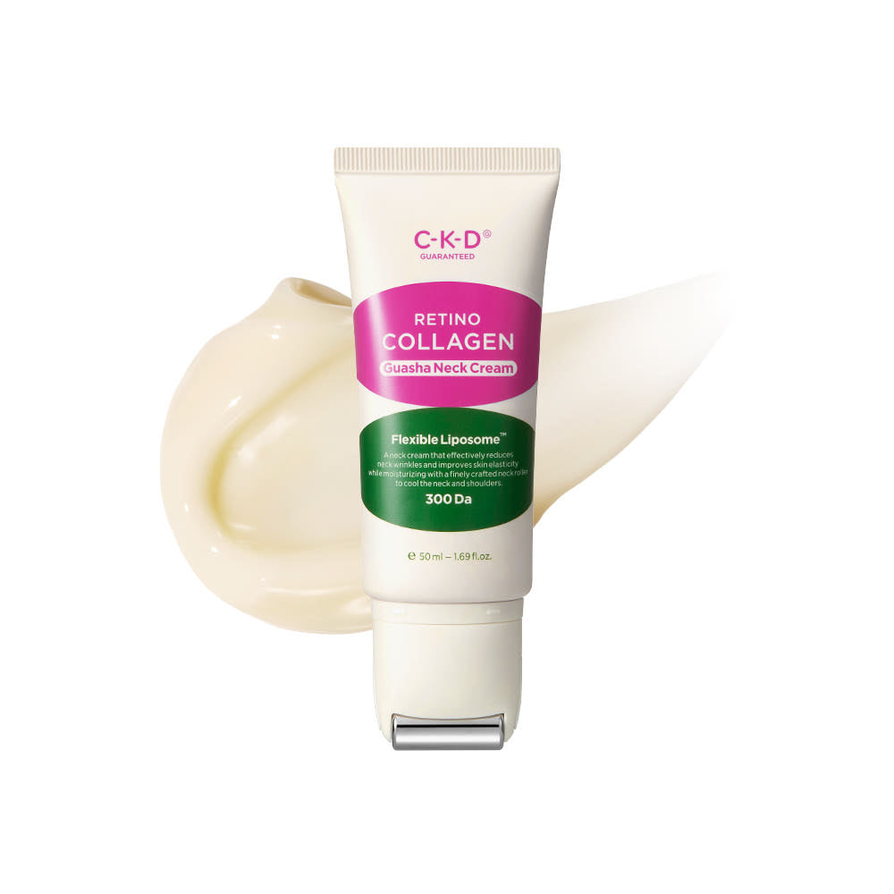 ProtoClinical k-beauty CKD Retino Collagen Small Molecule 300 Guasha Neck Cream 50ml white cream tube centered in front of a beige cream smear on a clean white background