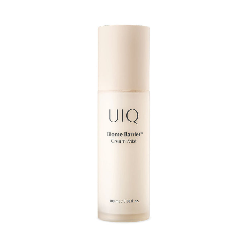ProtoClinical k-beauty UIQ Biome Barrie Cream Mist 100ml frosted cream mist bottle standing upright with a beige cap on a clean white background