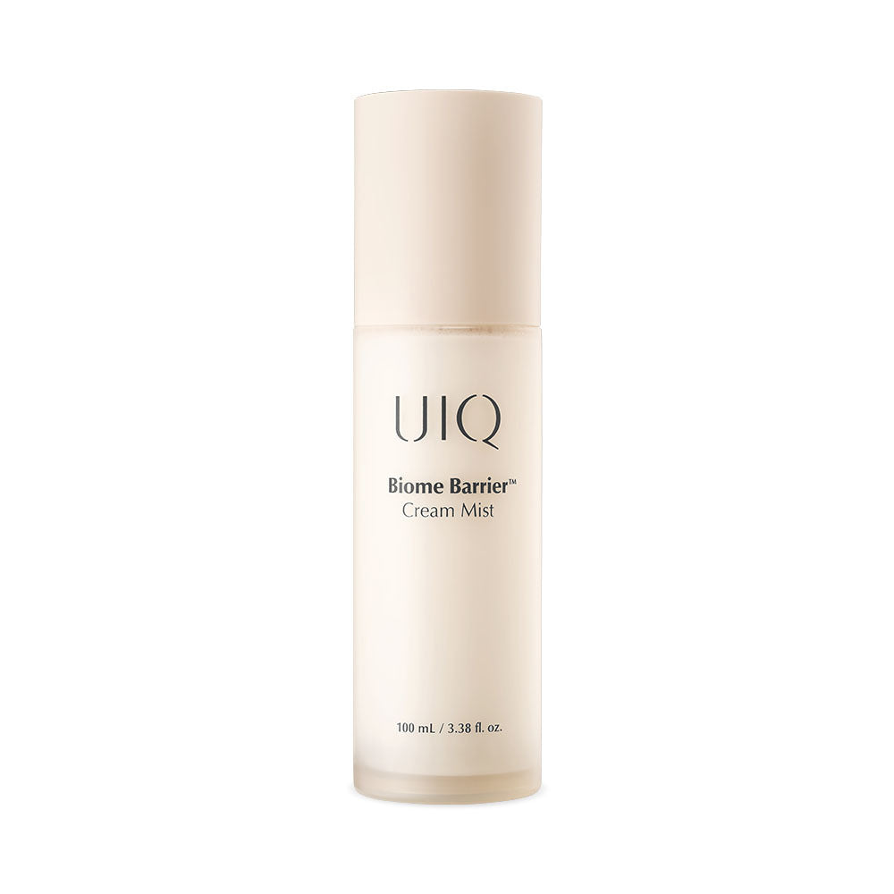 ProtoClinical k-beauty UIQ Biome Barrie Cream Mist 100ml frosted cream mist bottle floating upright with a beige cap on a warm beige background