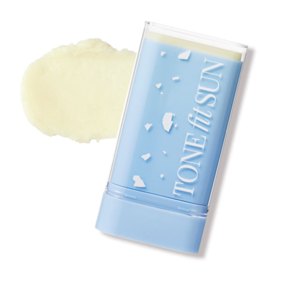 ProtoClinical k-beauty TONE fit SUN Vegan No Sebum Sun Stick SPF50+ PA++++ 18g single upright blue sun stick centered on a white background with pale yellow accents.