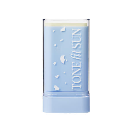 ProtoClinical k-beauty TONE fit SUN Vegan No Sebum Sun Stick SPF50+ PA++++ 18g single upright blue sun stick centered on a white background with pale yellow accents