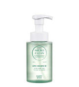 ProtoClinical k-beauty [HAPPY BATH] Micro Clean Soapberry Bubble Cleansing Foam 300ml single upright pale green cleansing foam bottle centered on a white background with soft pink side accents.