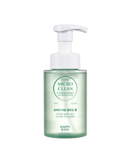 ProtoClinical k-beauty [HAPPY BATH] Micro Clean Soapberry Bubble Cleansing Foam 300ml single upright pale green cleansing foam bottle centered on a white background with soft pink side accents.