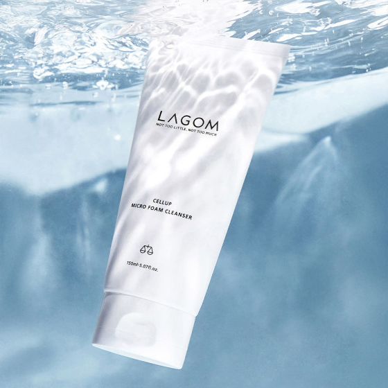 ProtoClinical k-beauty LAGOM Cellup Micro Foam Cleanser 120ml single foam cleanser package in a vertical layout on a white background with pale blue side bands
