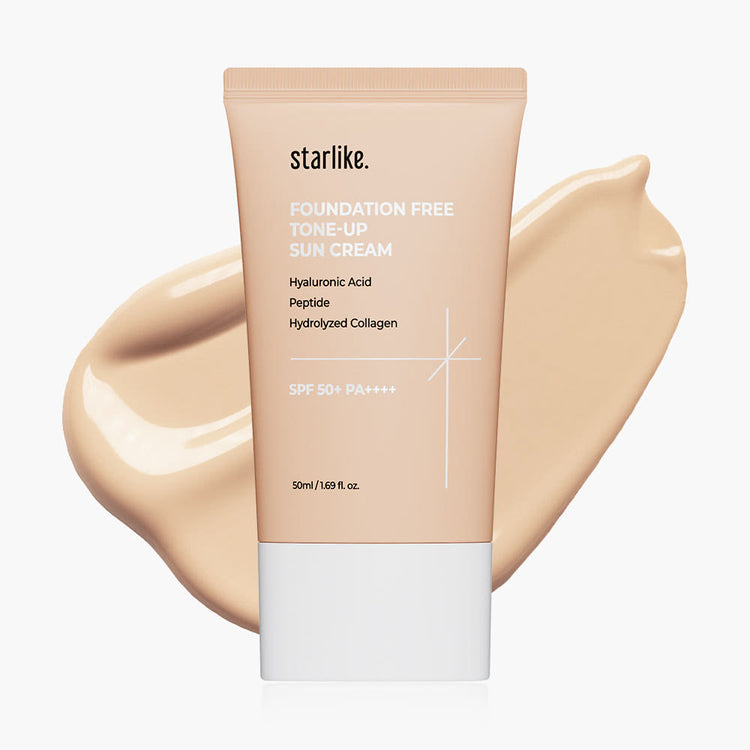 ProtoClinical k-beauty starlike Foundation Free Tone Up Sun Cream SPF50+ PA++++ 50ml single upright beige sun cream tube centered on a white background with pale blue side accents.