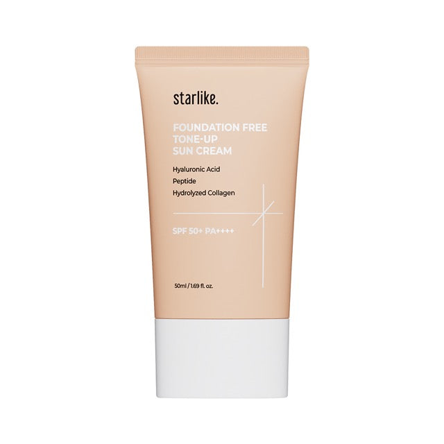 ProtoClinical k-beauty starlike Foundation Free Tone Up Sun Cream SPF50+ PA++++ 50ml single upright beige sun cream tube centered on a white background with pale blue side accents.
