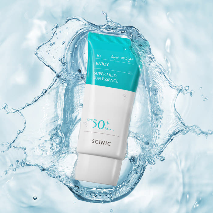 ProtoClinical k-beauty SCINIC Enjoy Super Mild Sun Essence SPF50+ PA++++ 50ml single upright pale blue sun essence container with a rounded teal cap on a clean light background